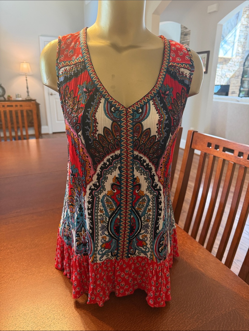 Bila Red Paisley V-Neck Tank Top with Multicolor Print